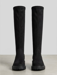 Linzi Black Stretch Knee-High Chunky Sole Boots