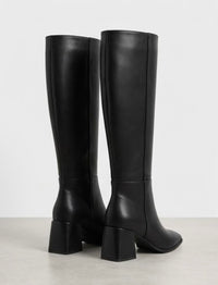Boohoo Black Square Toe Block Heel Knee-High Boots