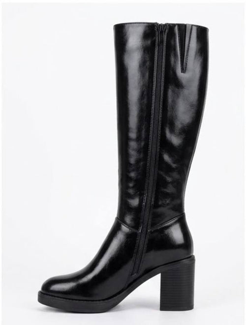 Boohoo Black High-Shine Block Heel Knee-High Boots