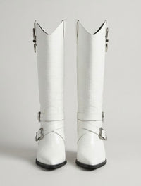 Pretty Little Thing White Croc Knee-High Cowboy Boots with Buckles