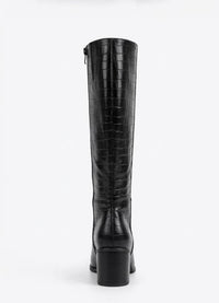 Boohoo Wide Fit Black Croc-Effect Almond Toe Block Heel Knee-High Boots