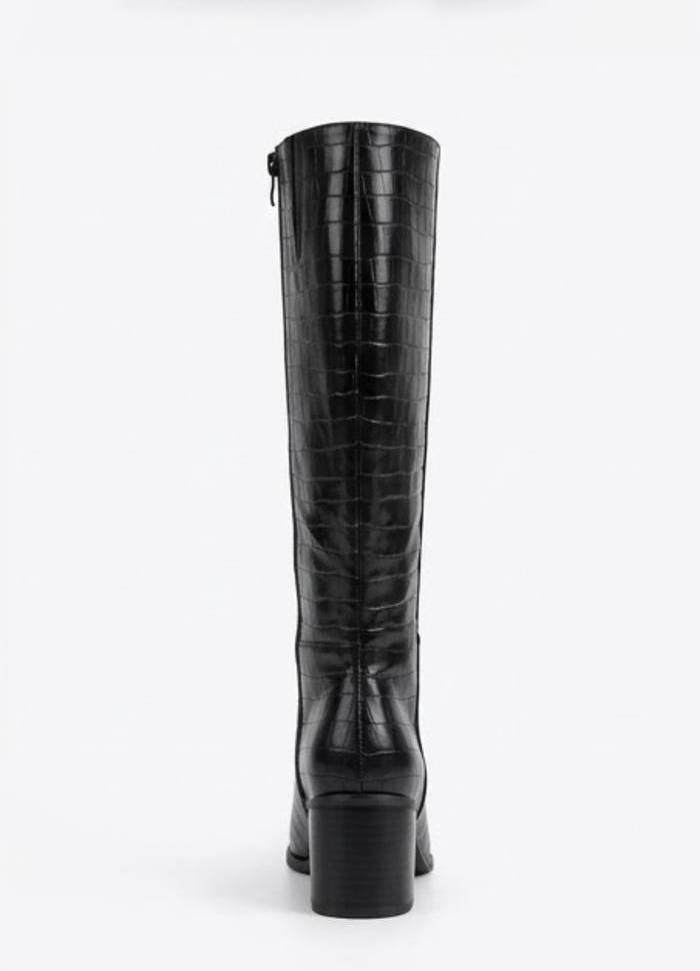 Boohoo Wide Fit Black Croc-Effect Almond Toe Block Heel Knee-High Boots