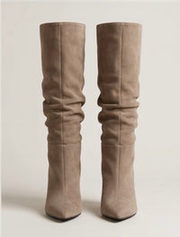 Boohoo Taupe Suede Slouch Knee-High Stiletto Boots