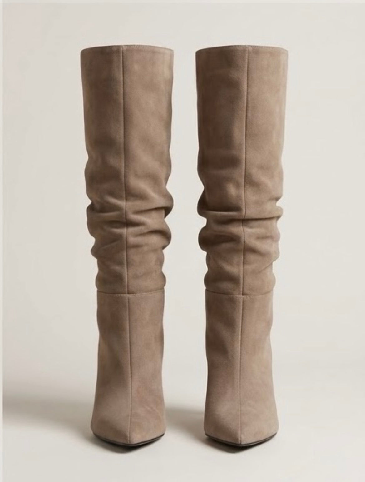 Boohoo Taupe Suede Slouch Knee-High Stiletto Boots, front view