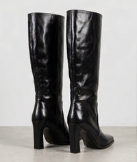 River Island Black Patent Square Toe Knee-High Block Heel Boots