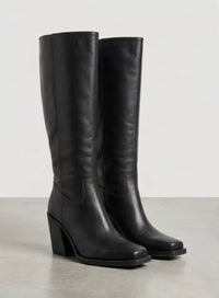 River Island Black Square Toe Knee-High Boots with Burgundy Stitching