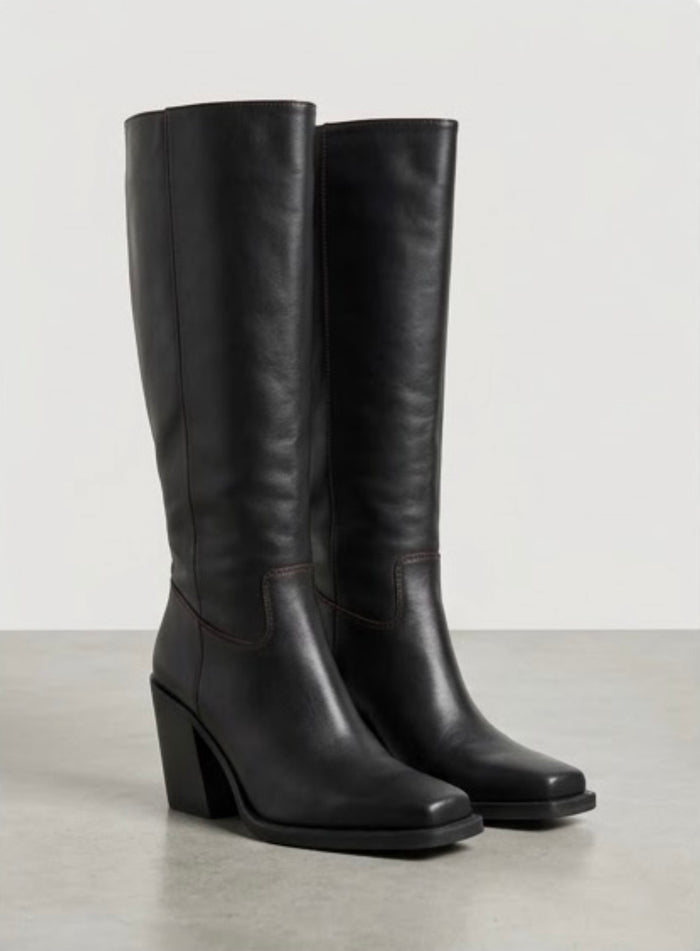 River Island Black Square Toe Knee-High Boots with Burgundy Stitching