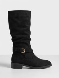 Oasis Black Suede-Effect Slouch Buckle Strap Boots