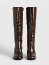 Boohoo Wide Fit Brown Croc-Effect Block Heel Knee-High Boots