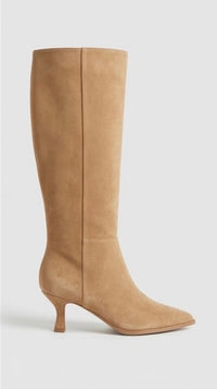Boohoo Camel Suede-Effect Knee-High Kitten Heel Boots
