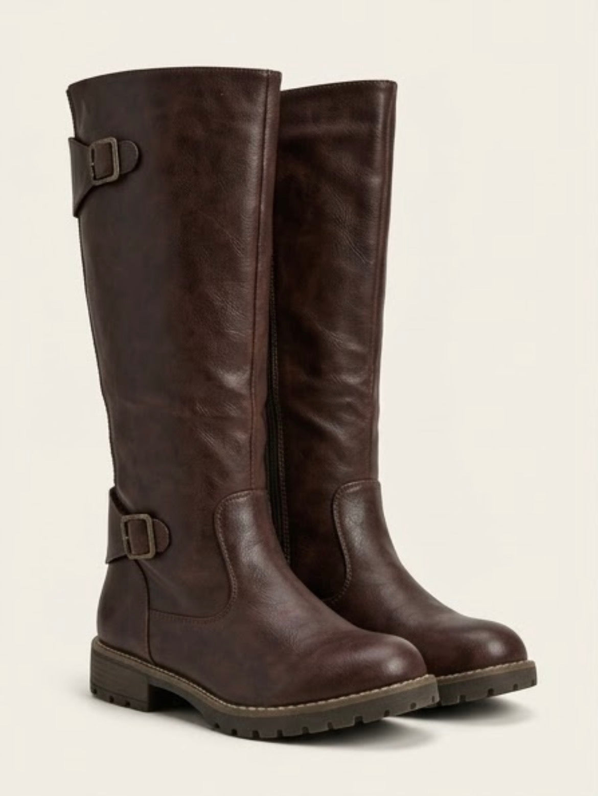 Lotus Dark Brown Knee-High Buckle Biker Boots