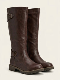 Lotus Dark Brown Knee-High Buckle Biker Boots