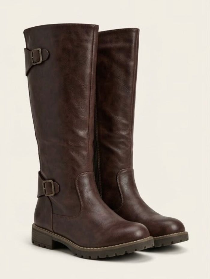 Lotus Dark Brown Knee-High Buckle Biker Boots