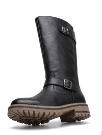 Lotus Black Mid-Calf Biker Boots with Buckles