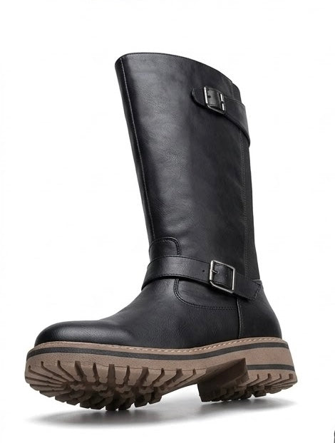 Lotus Black Mid-Calf Biker Boots with Buckles