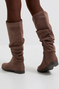 Brown Suede-Effect Slouch Flat Boots