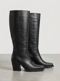 River Island Black Square Toe Knee-High Boots with Burgundy Stitching