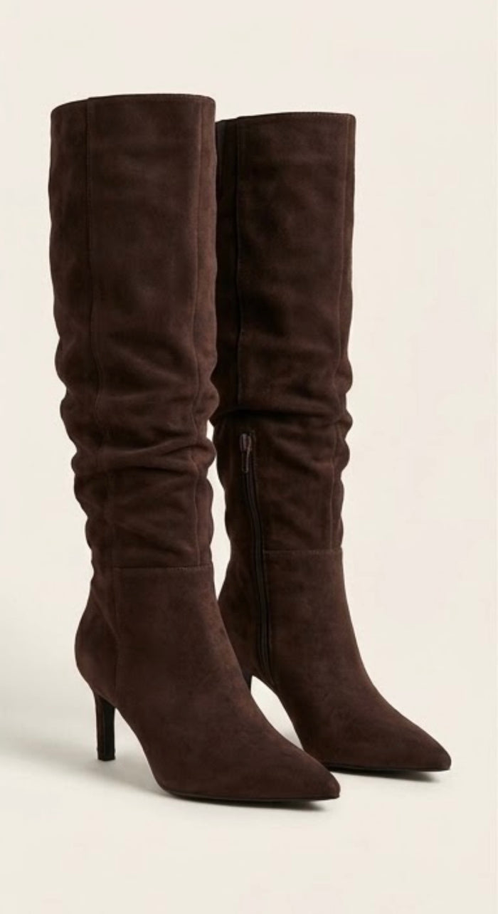 Boohoo Brown Suede-Effect Slouch Stiletto Boots