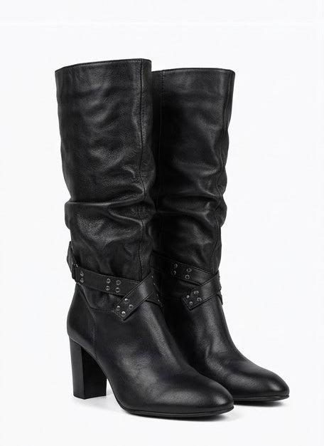 Monsoon Black Slouch Studded Strap Block Heel Boots