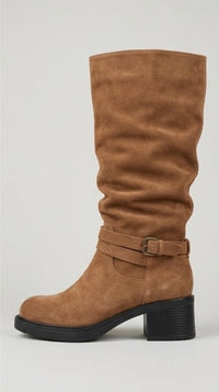 Pretty Little Thing Camel Suede-Effect Slouch Buckle Strap Boots