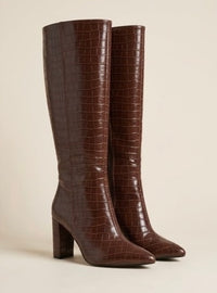 Boohoo Brown Croc Knee-High Block Heel Boots