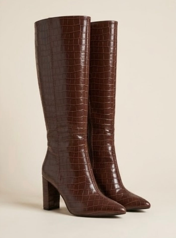Boohoo Brown Croc Knee-High Block Heel Boots