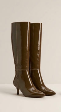 Pretty Little Thing Olive Patent Knee-High Kitten Heel Boots