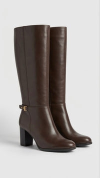 Primark Brown Knee-High Gold Buckle Block Heel Boots