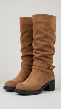 Pretty Little Thing Camel Suede-Effect Slouch Buckle Strap Boots