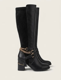 River Island Black Knee-High Block Heel Boots with Gold Chain