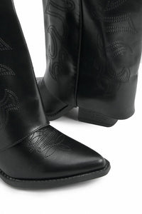 Black Embroidered Fold-Over Western Knee-High Boots