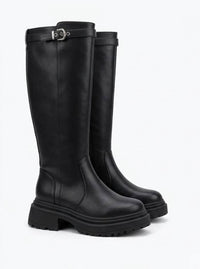 Boohoo Black Chunky Knee-High Boots with Buckle