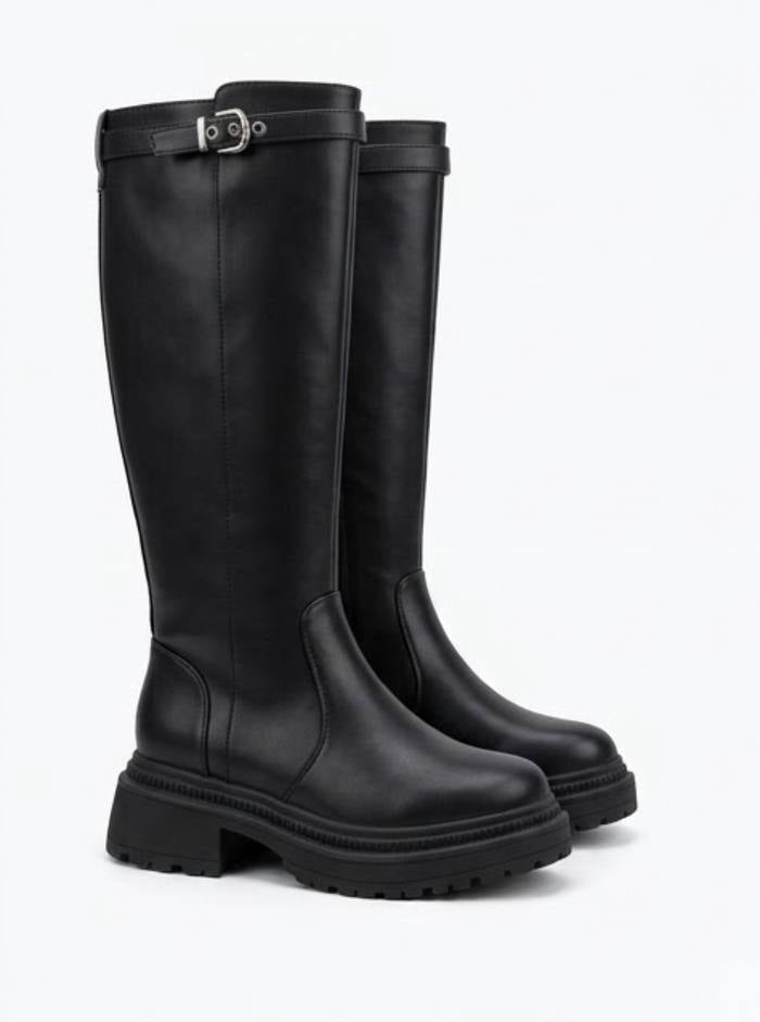 Boohoo Black Chunky Knee-High Boots with Buckle
