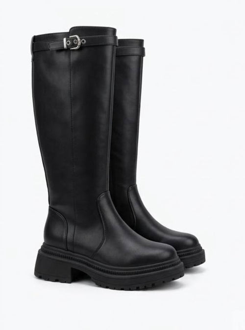 Boohoo Black Chunky Knee-High Boots with Buckle