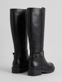 Boohoo Black Knee-High Gold Buckle Riding Boots