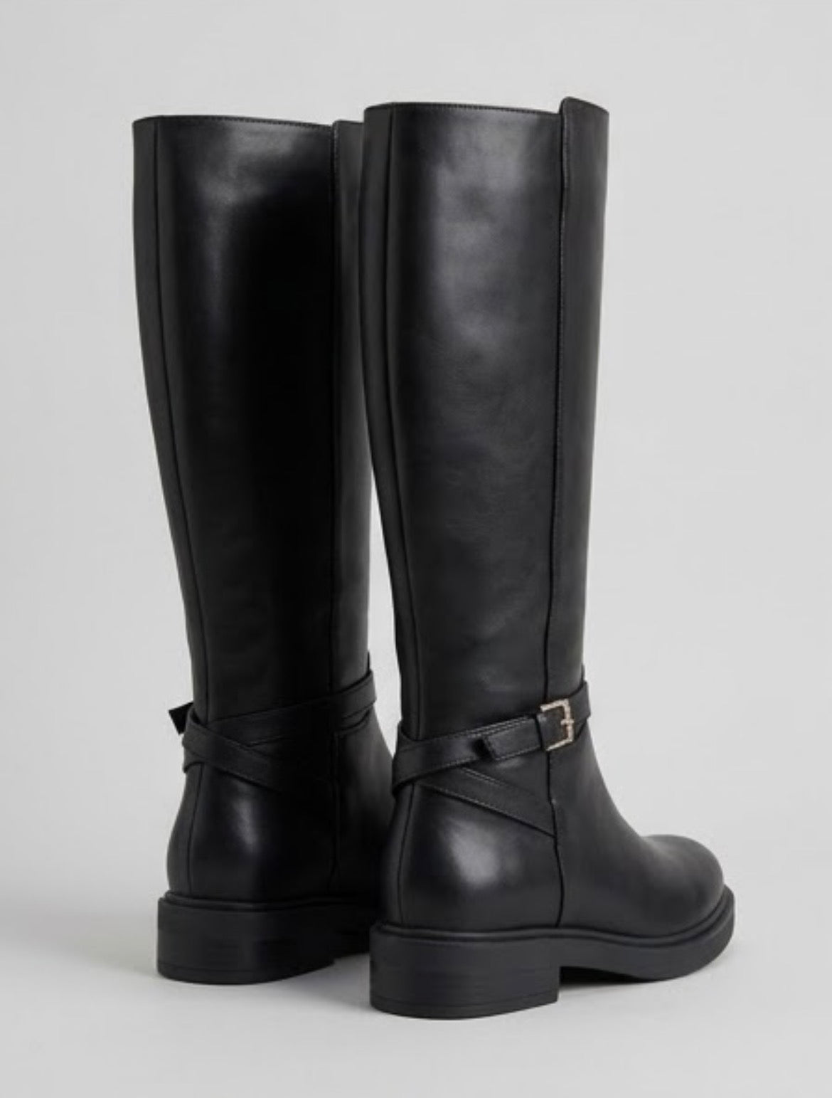 Boohoo Black Knee-High Gold Buckle Riding Boots