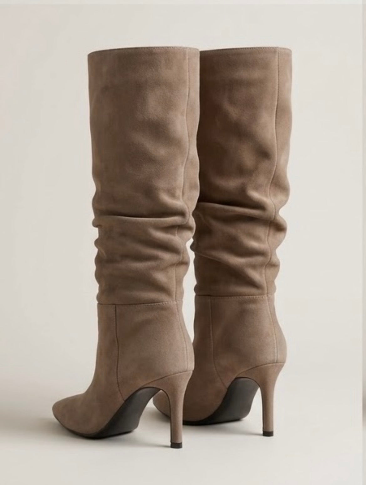 Boohoo Taupe Suede Slouch Knee-High Stiletto Boots, back view