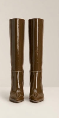 Pretty Little Thing Olive Patent Knee-High Kitten Heel Boots