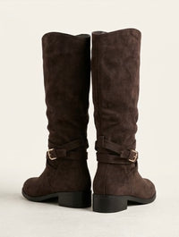 Oasis Brown Suede Knee-High Boots with Gold Buckle