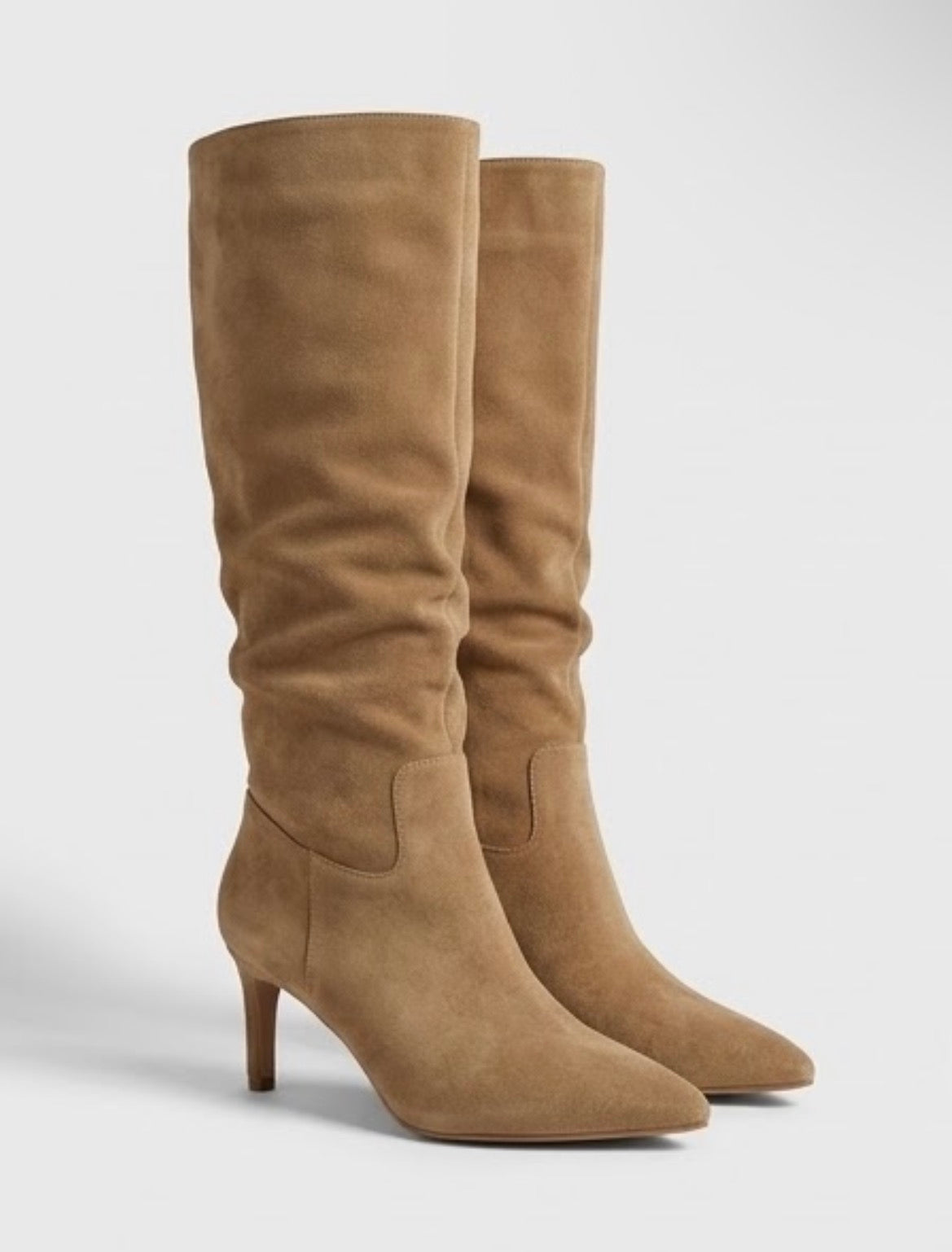 Boohoo Camel Suede Slouch Knee-High Stiletto Boots, angled view