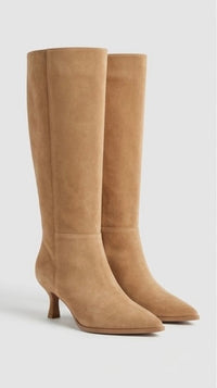 Boohoo Camel Suede-Effect Knee-High Kitten Heel Boots