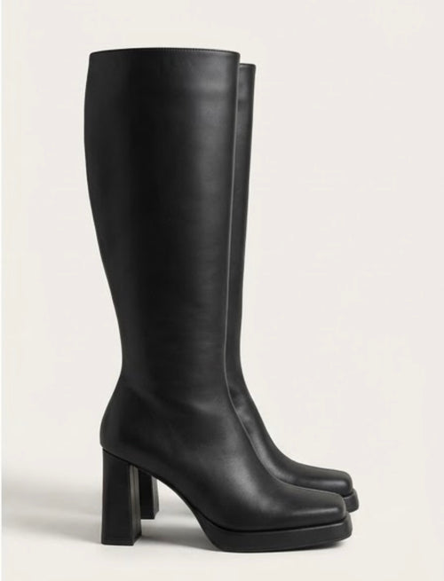 Boohoo Black Square Toe Platform Knee-High Boots, side view