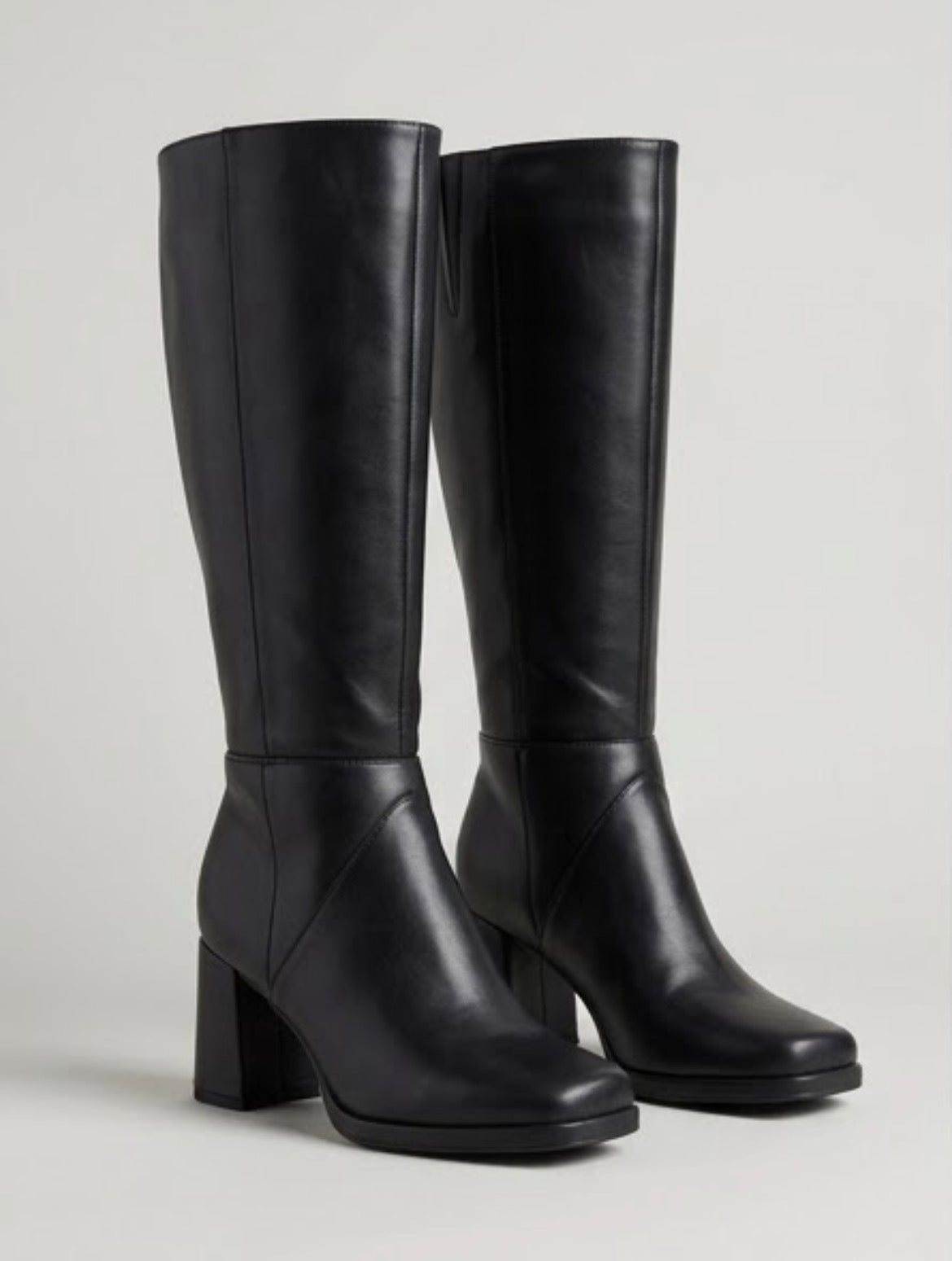 Boohoo Black Square Toe Knee-High Block Heel Boots