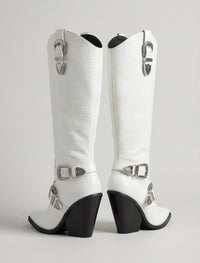 Pretty Little Thing White Croc Knee-High Cowboy Boots with Buckles