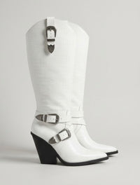 Pretty Little Thing White Croc Knee-High Cowboy Boots with Buckles