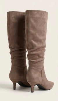 Taupe Suede-Effect Slouch Kitten Heel Boots