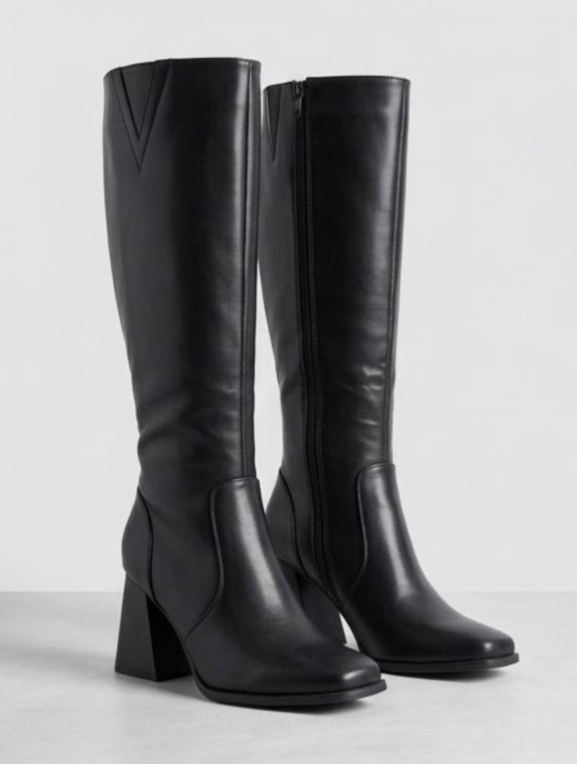 Pretty Little Thing Black Square Toe Knee-High Flared Heel Boots