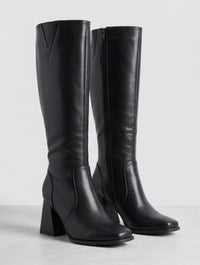 Pretty Little Thing Black Square Toe Knee-High Flared Heel Boots