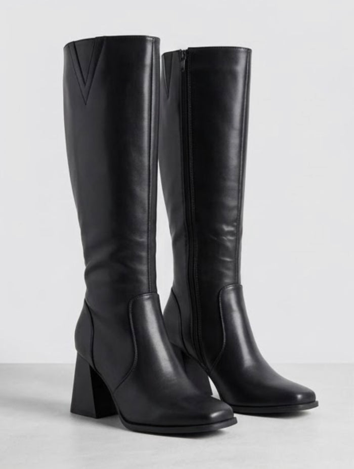 Pretty Little Thing Black Square Toe Knee-High Flared Heel Boots