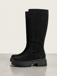 Boohoo Wide Fit Black Suede-Effect Knee-High Chunky Cleated Sole Boots